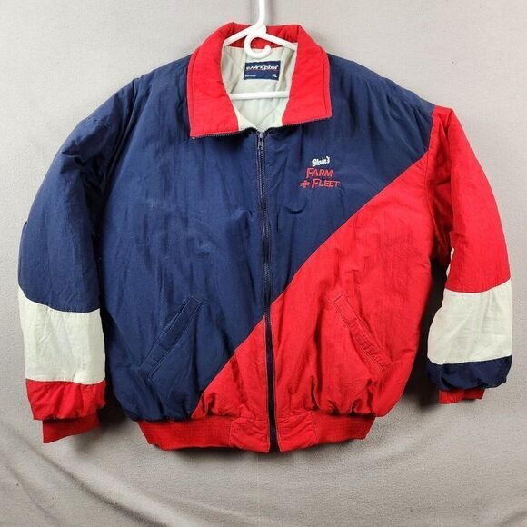 Vtg Swingster Farm & Fleet Logo Red/Blue Coat Men's XL Puffy Made in USA - Picture 1 of 12